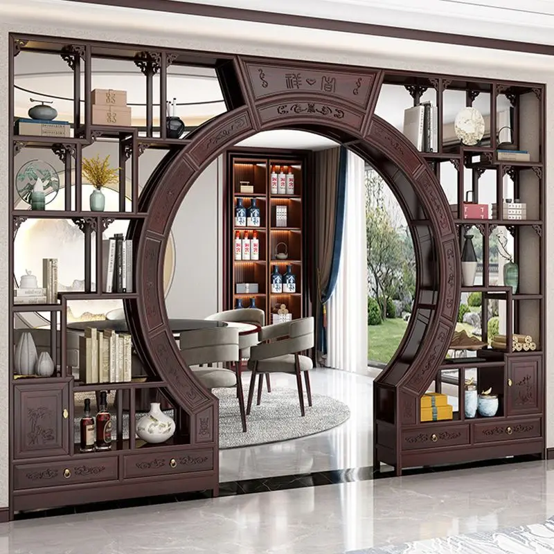 Moon Cave Door Solid Wood Living Room Partition Bogu Frame Duobao Pavilion Round Arch Shelf Double Circle Moon Door