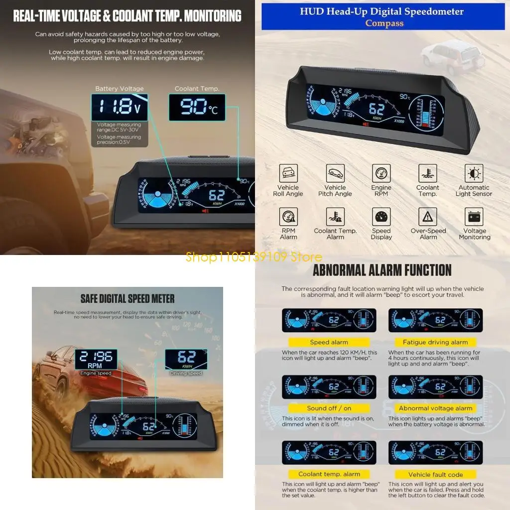 

Universal Vehicle Modiffied Accessory Car OBD Multifunction Gauge Digital Speedometer Slope Display HUD Head-Up Display