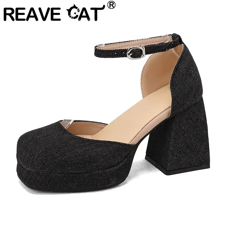 

REAVE CAT Luxury Women Pumps Square Toe Chunky Heels 9cm Buckle Strap 2.5cm Buckle Strap Plus Size 46 47 48 Fashion Dating Shoes