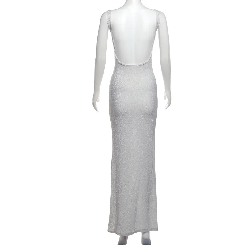 فستان ماكسي نسائي مزين بالترتر مذهل لامع أنيق بدون أكمام وظهر مكشوف غمد فيستدوس موهير أنيق للسهرة