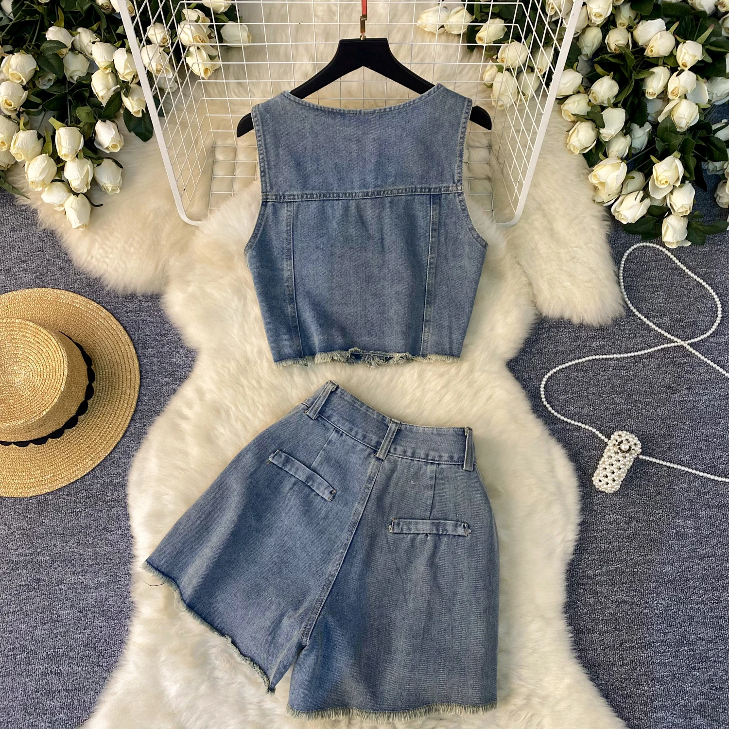 Vintage Distressed Ruffled Denim Two Piece Shorts Suit For Women's Summer Autumn Sleeveless Vest +High Waisted Skirt