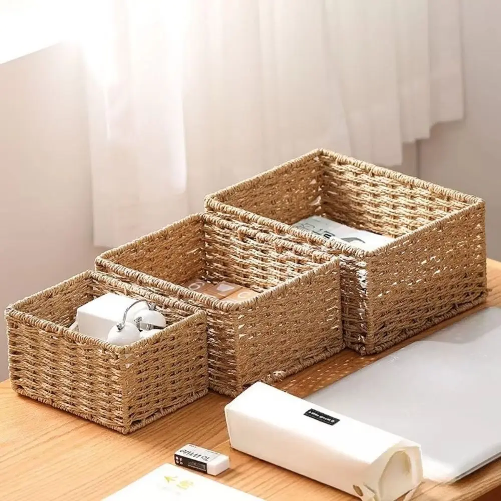 Durable Large Capacity Woven Storage Basket Handmade Reusable Snack Sundries Organizer Cosmetic Container
