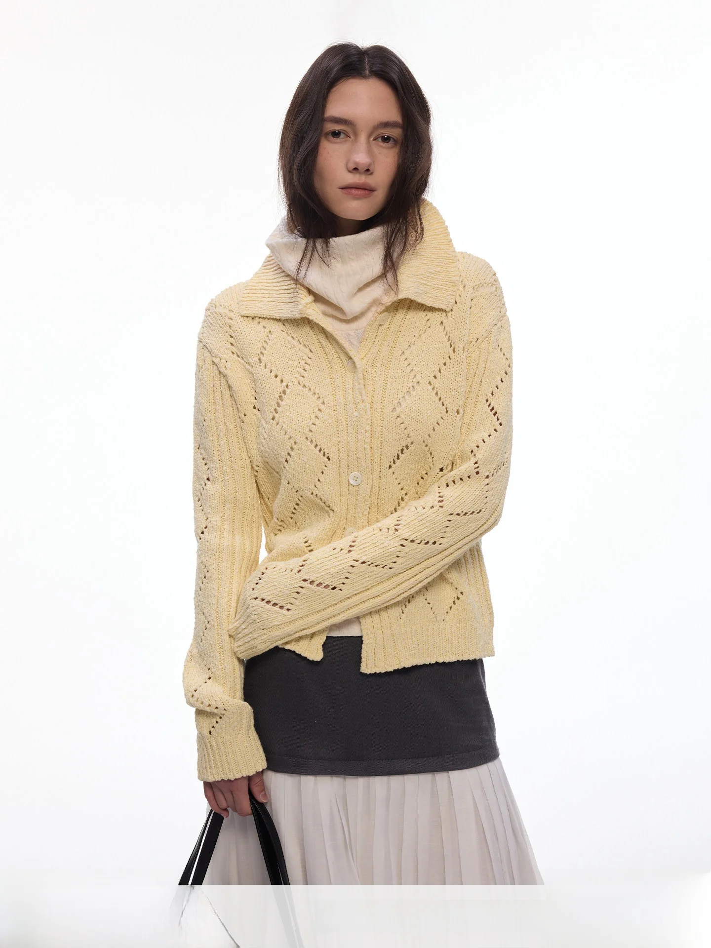 

Женский кардиган Billconch из чистого хлопка, вязаный, с ажурным воротником, весна 2026, стандартный крой, длинный рукав