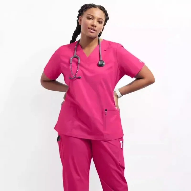 Terno cirúrgico ultra macio para mulheres, mangas curtas divididas, roupas de trabalho para médicos, uniformes médicos premium, verão, 118