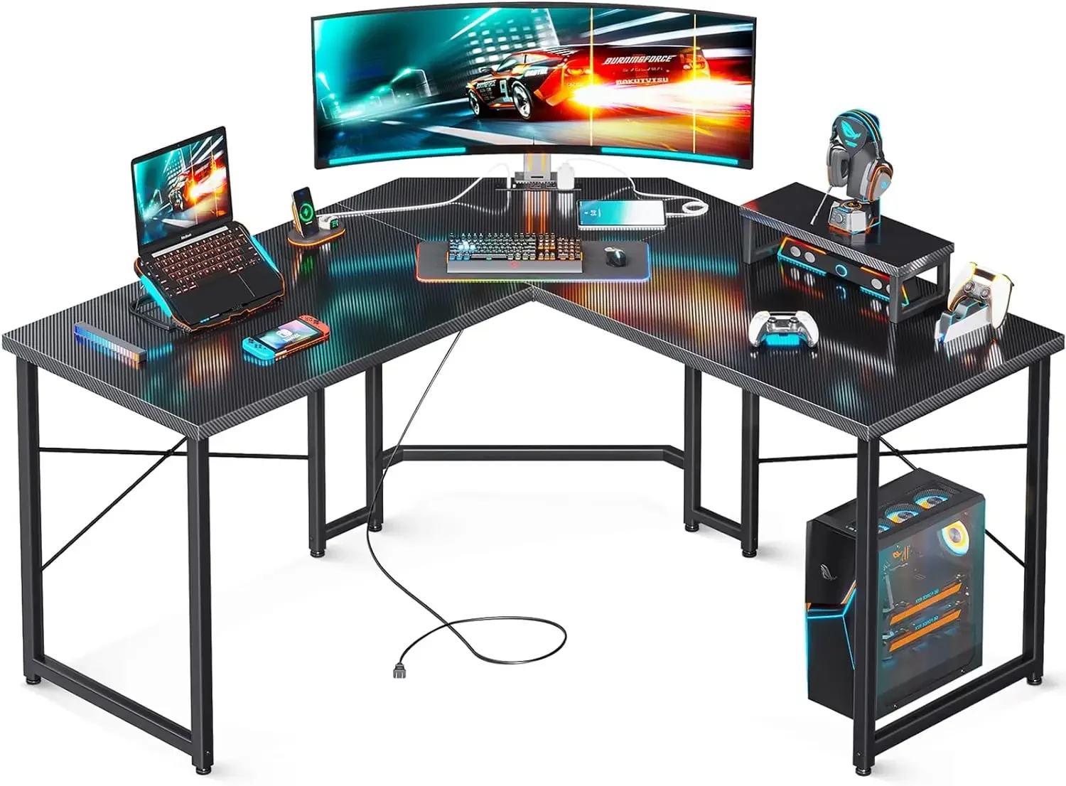 

51 Inch L Shaped Gaming Desk with Power Outlets, Computer Desk with Monitor Stand for Home Office, PC Corner Desk Table Sturdy