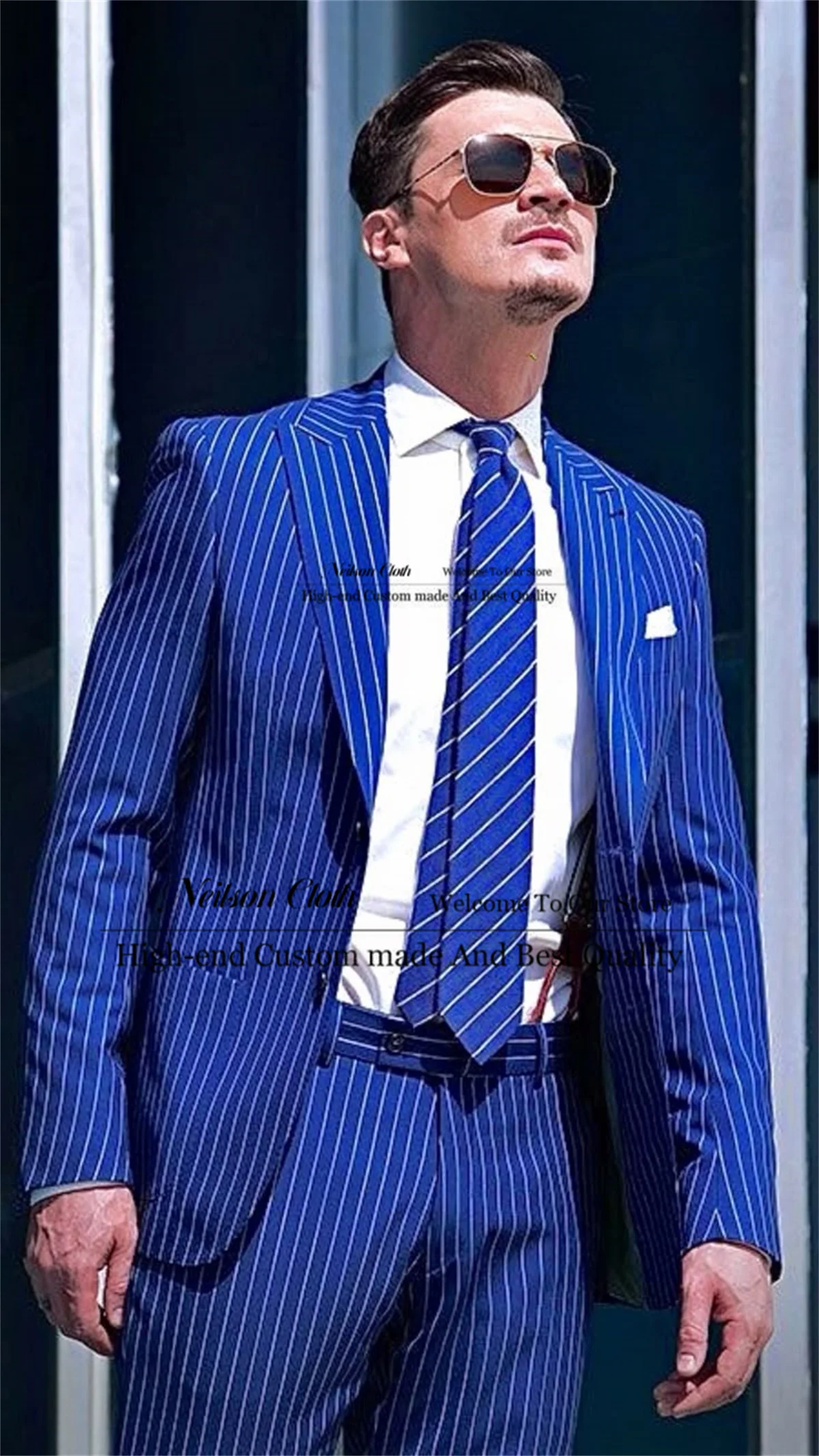 

Formal Blue Stripe Male Prom Blazers 2 Pieces Sets Customized Groom Wedding Tuxedos Business Peaked Lapel Terno Masculino