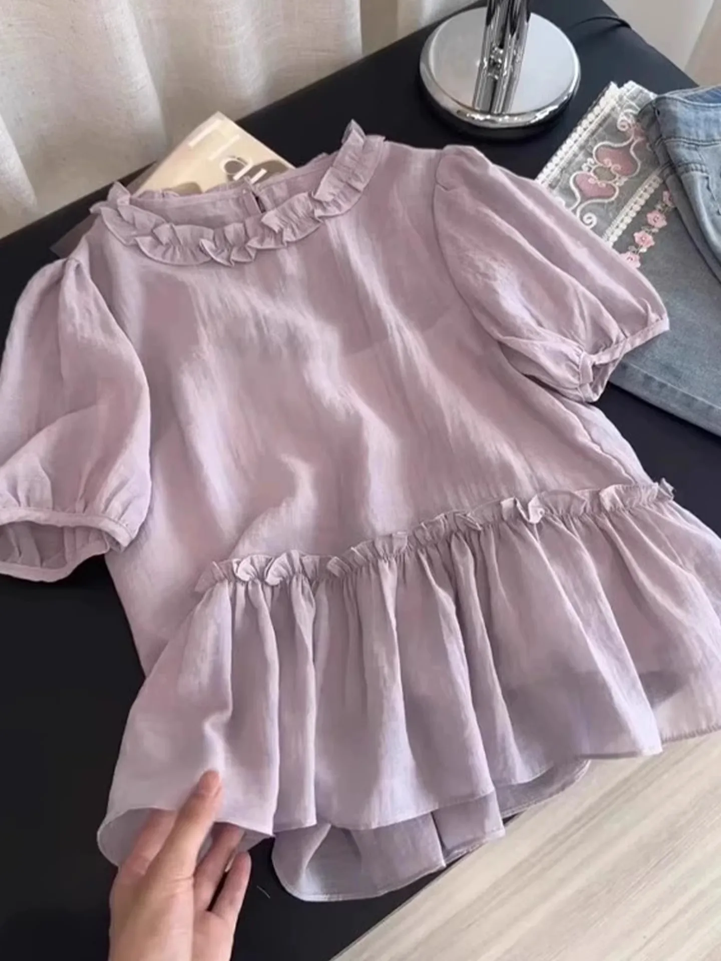 

Ele Korean Sle ort Sve Chiffon Top Breathable Lace Patchwork Summer Skin-friendly Faionable Women's Blouse