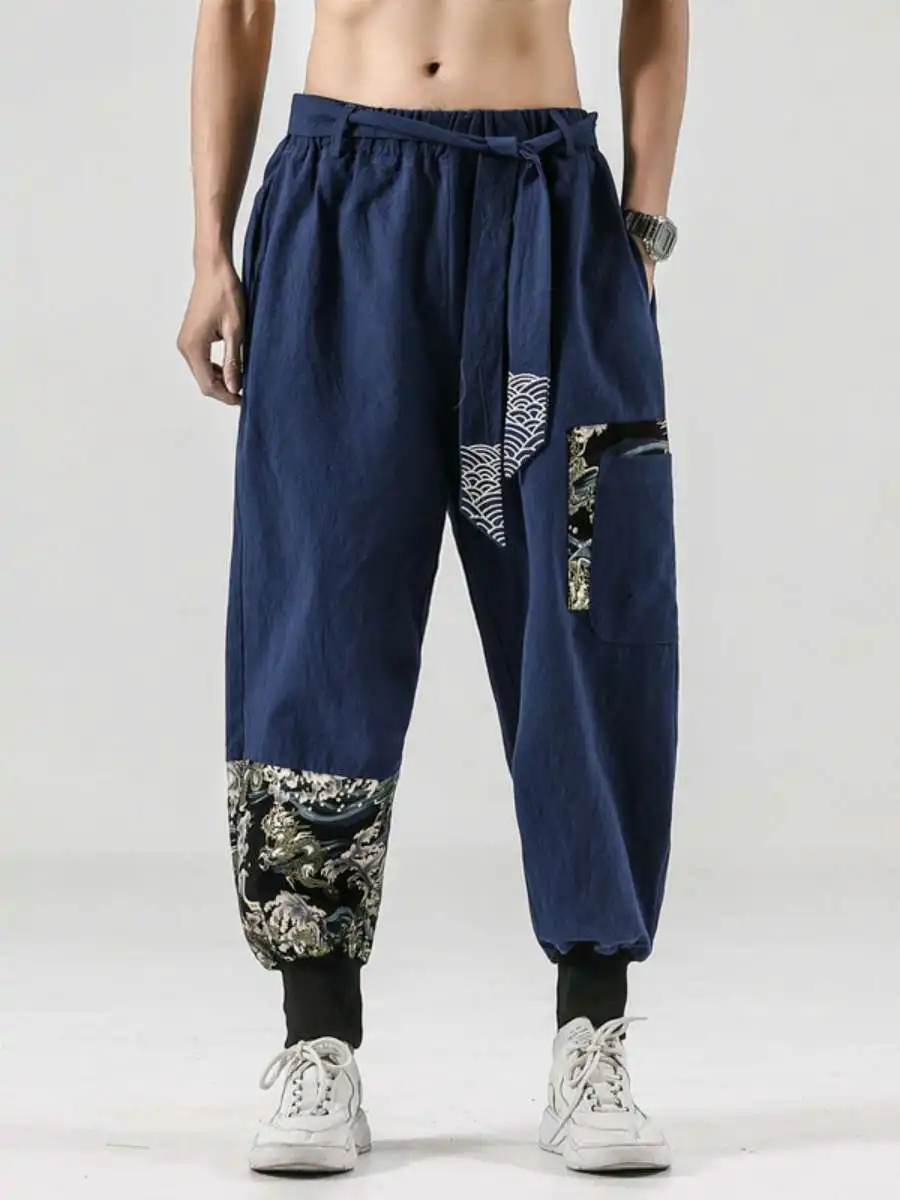 

New Men's Linen Pants Loose Large Size Spring Summer Casual Long Pants Embroidered Dstring Harlan Pants Loose Fit Trousers