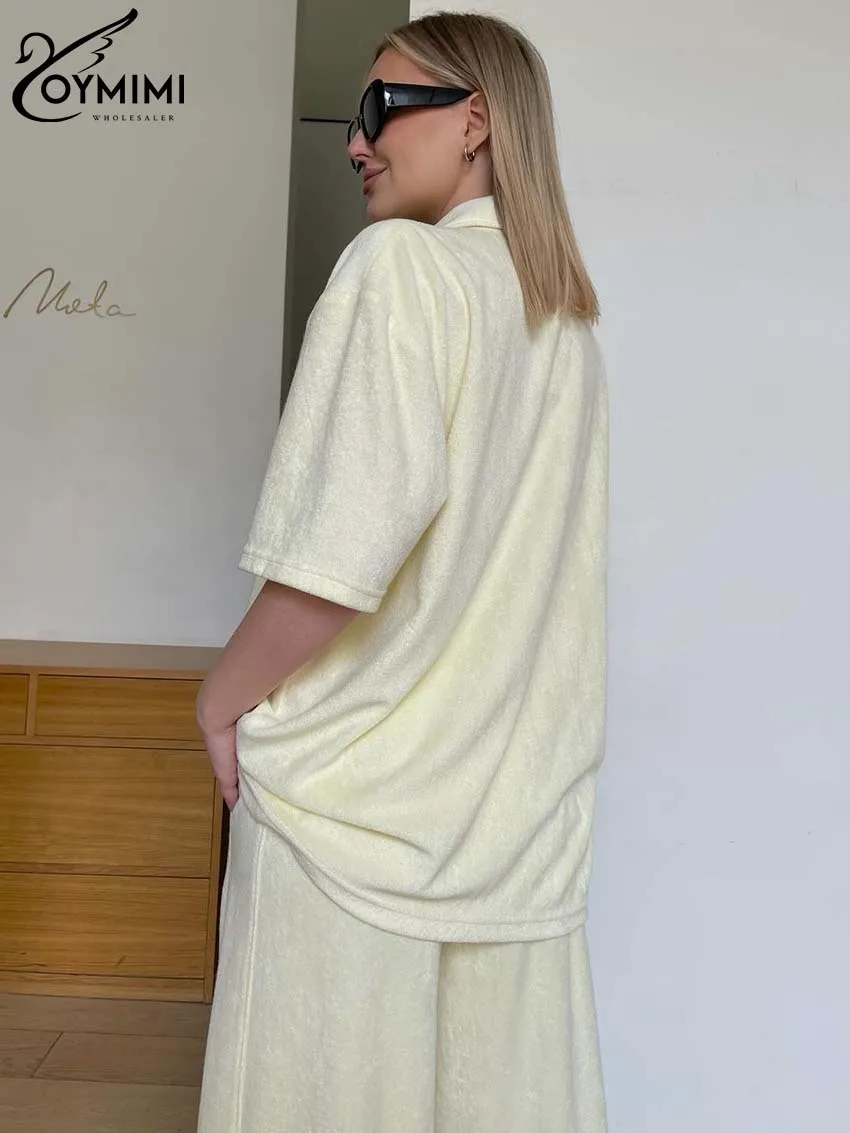 Oymimi Fashion Beige Two Piece Set For Women Elegant Lapel Button Half Sleeve Pockets Tops And High Waist Full Length Pants Sets