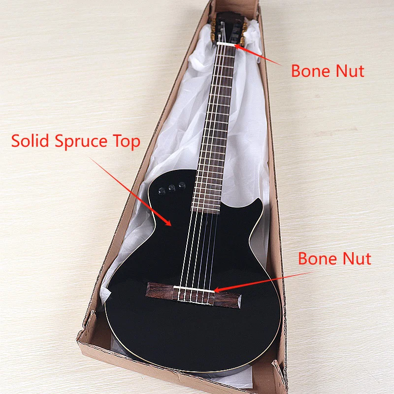 Guitarra clásica eléctrica silenciosa, 39 pulgadas, 6 cuerdas, tapa de abeto macizo, cuerpo fino, alto brillo con recogida con defecto, Color negro