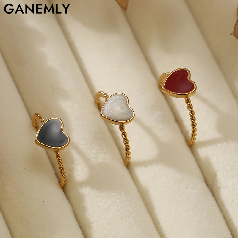 GANEMLY 316L Edelstahl Herz Liebe Offenen Ring Frauen 18K Gold Farbe Wasserdicht Mode Minimalistischen Aussage Charme Schmuck