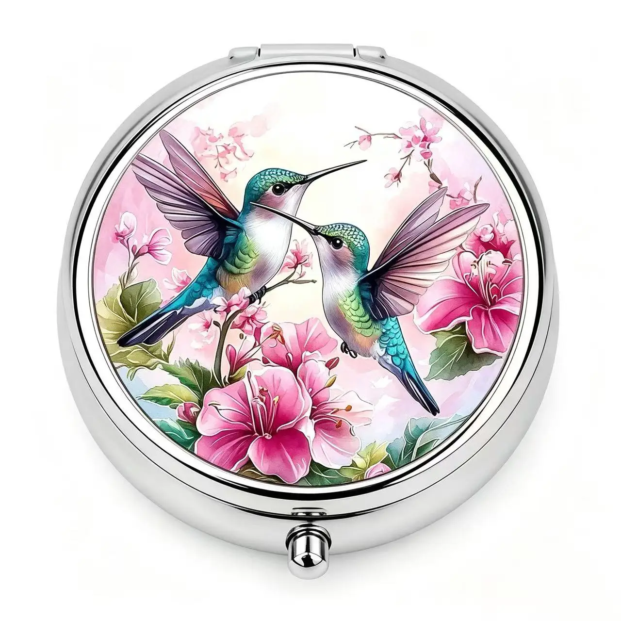 3 Compartments Round Metal Pill Box, Hummingbird Pink Flower Print Portable Pocket Pill Case, Travel Medicine Storage Container