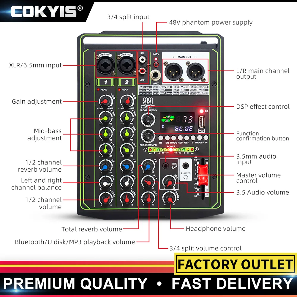 4 Channel Mixer USB interface + 48V phantom power DSP effector ultra-low noise studio recording equipment