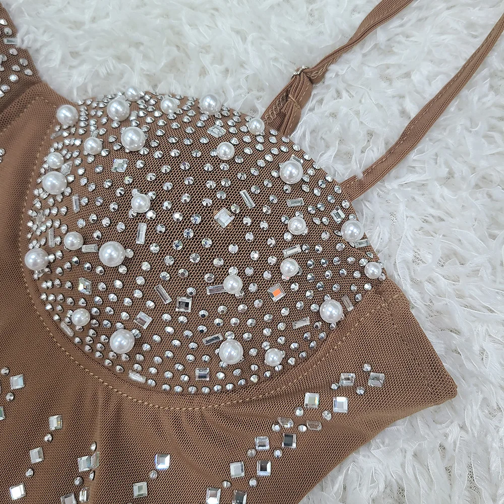 여성용 반짝이는 진주 라인스톤 스파게티 스트랩 사이드 슬릿 롱 브라운 드레스 고급 프롬 이브닝 파티 웨딩 게스트 드레스