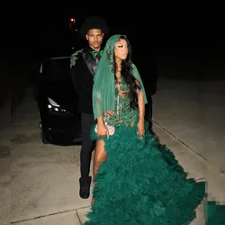 Luxury Rhinestone Green Prom Dresses 2024 Blackgirl Crystal Ruffles Mermaid Party Gowns African Women Vestidos De Festa