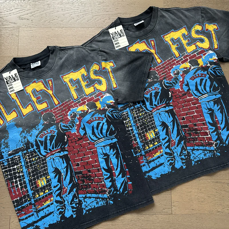 Vale Valley American Street Graffiti Print Washed Vintage High Quality Pure Cotton Short Sleeve T-Shirt Youth Fashion City Wa...