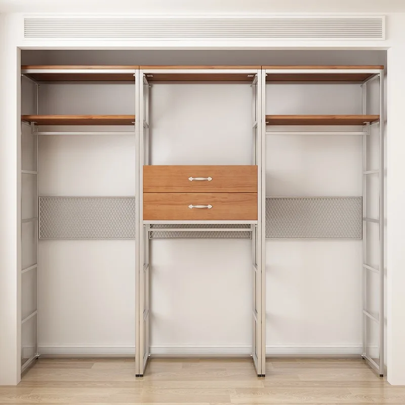 Metal wardrobe all solid wood new 2026 explosion bedroom household wrought iron steel frame structure corner cloakroom