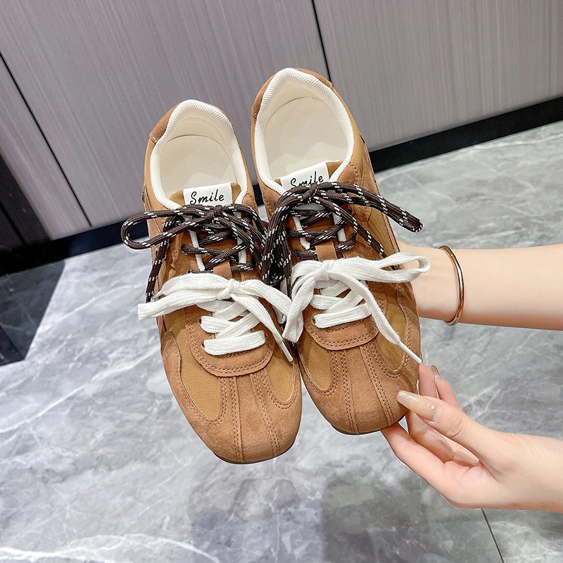 Women\'s Casual Sports Shoes Fall New Round Head Suede Splicing Front Lace-up Comfortable Flat Shoes