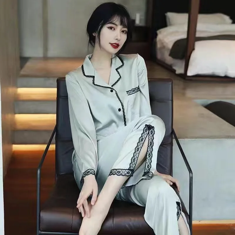 New Two-Piece Spring And Autumn Ice Silk Pajamas Female Long-Sleeved Thin Section Loose Ladies Silk Lace Leisure Pajamas Homewea