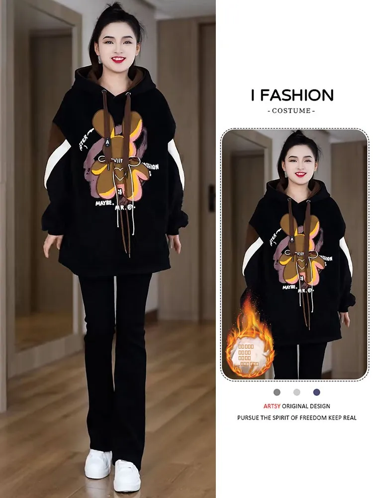 

Women's Fce Lined Thiened Hoodie Long Sve Mid-Length Loose Slimming Winter Faion Design Casual Comfortable Top