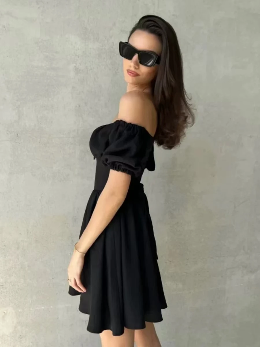 Faionable Sexy Off-the-shoulder Dr met riem Hoge taille Bubble Sve ort Rok Pure kleur One-shoulder ontwerp Woon-werkverkeer...
