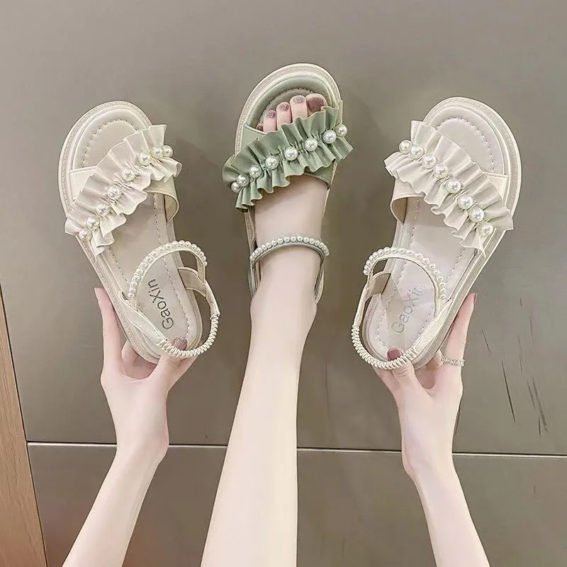 2024 Summer New Womens Sandals Fresh Thick Bottom Beach Beading Slip-On Comfort Soft Sole Roman Shoe Sandalias Beige Green