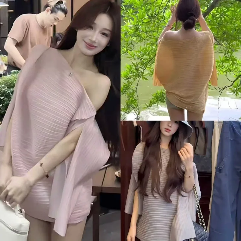 

Miyake Pleated Plisse T-shirt 2026 Fashion High Sense Lazy Wind One-shoulder Pleats Top Female Summer Loose Thin Sun Clothes