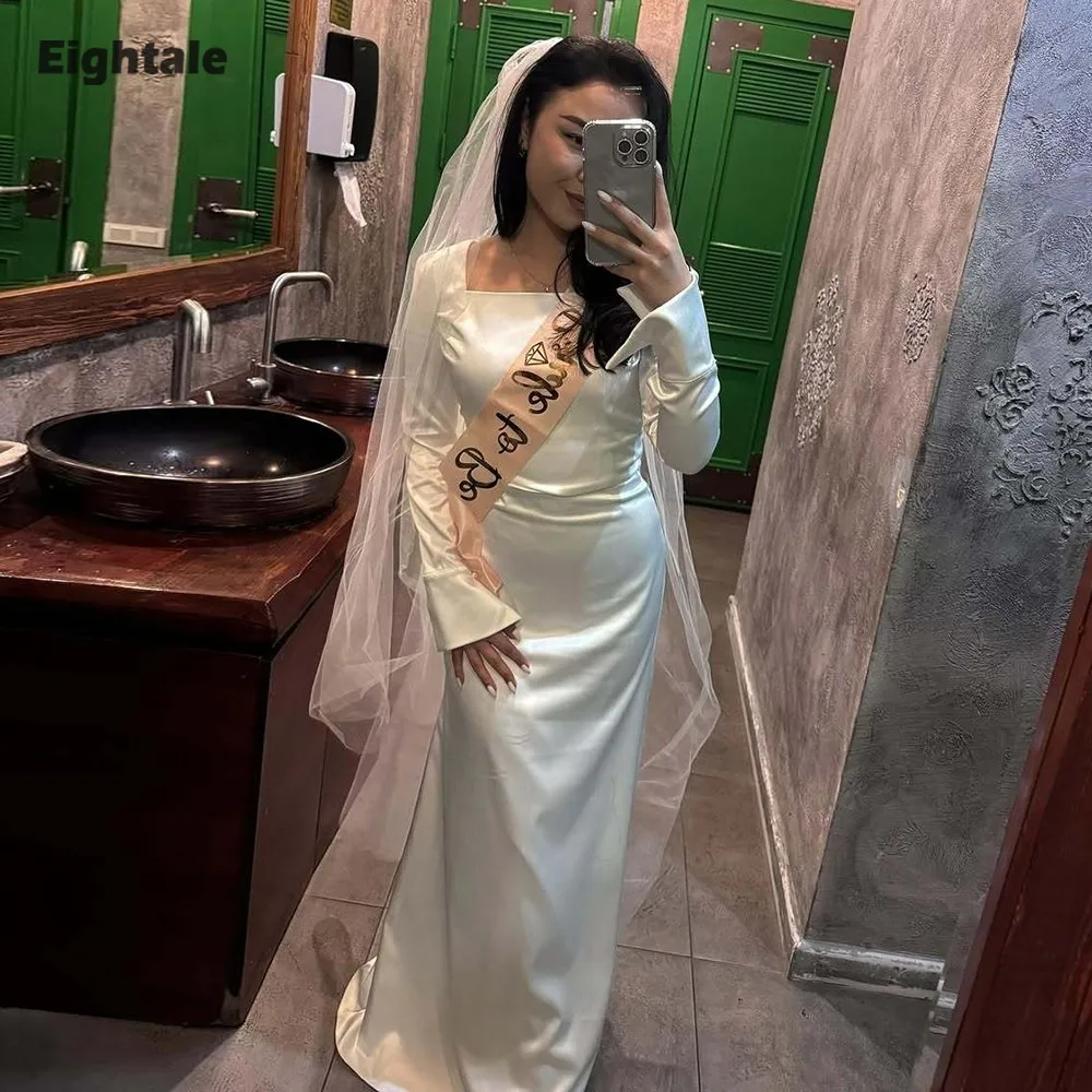 

Eightale Arabic Wedding Dresses Customized Strapless Long Sleeves Satin Ivory Mermaid Bridal Gowns Vestidos De Novia