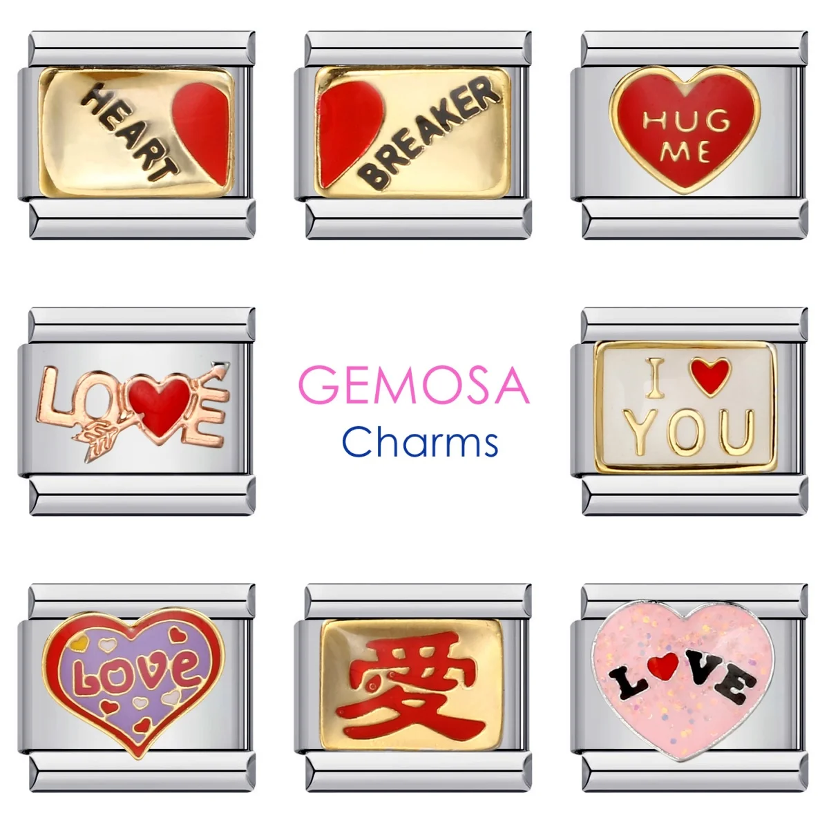 GEMOSA Fashion Y2k Romantic I LOVE U Heart Glaze Valentine's Day Charm Links Fit 9mm Bracelet Stainless Steel Making DIY Jewelry