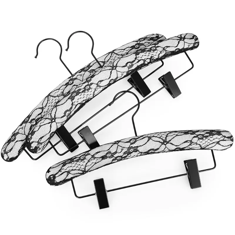 

Wholesale Custom Colors Hanger Rack Saving Space Factory High Quality Black Lace Fabric Clips Hanger for Women Clothes Trousers