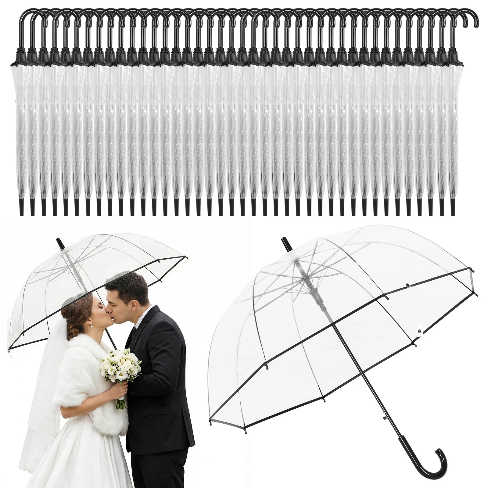 

60pcs Auto Open Stick Umbrella High-Visibility 8 Ribs Auto Open Bubble Rain Umbrella for Weddings Graduation and Outdoor Events