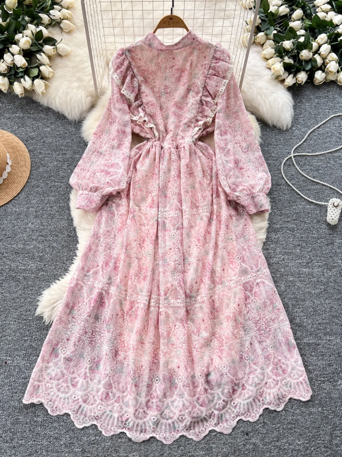 TWOTWINSTYLE Floral Printting Elegant Dress for Women O Neck Long Sleeve Spliced Lace High Street Dress Female Fashion KDR522411