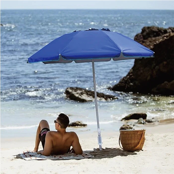 Ombrellone parasole grande telescopico da spiaggia portatile piegato con presa d'aria inclinabile con ancoraggio a sabbia per patio, giardino, spiaggia, piscina