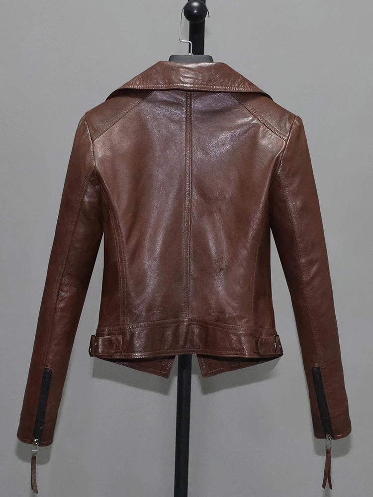 Amekaji Leather Coat Re-Wash Vegetable Tanned First Layer Goat Women's Slim-Fit Short Motorcycle Retro Distressed Soft