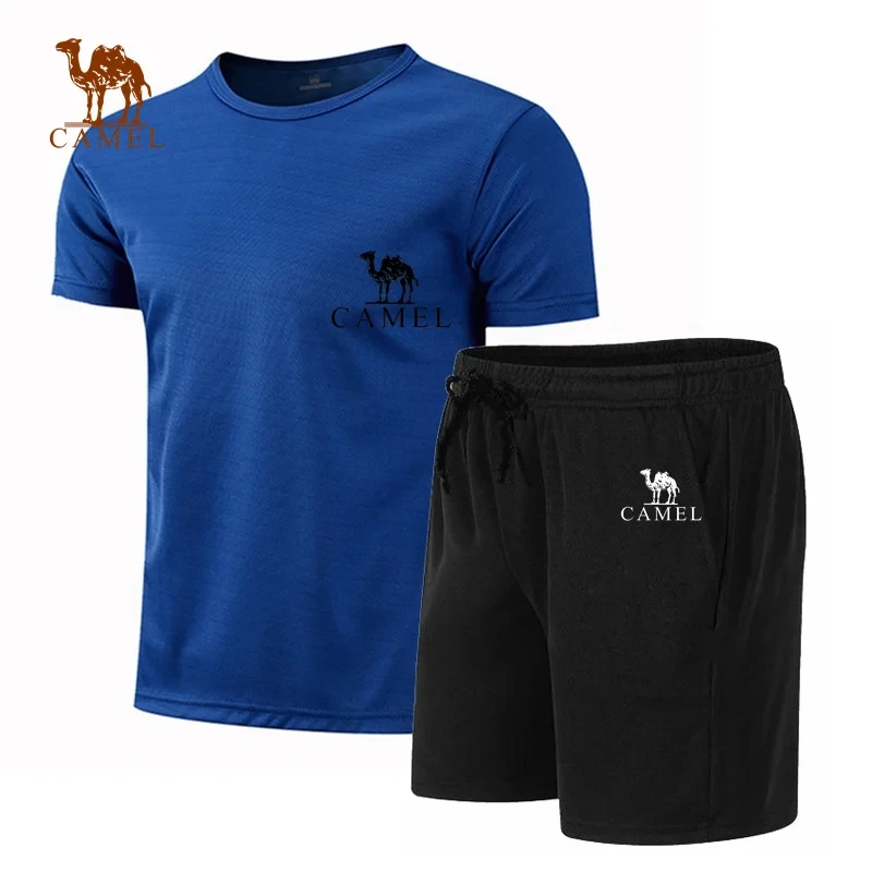 2024Men's camel colored quick drying sports set, short sleeved T-shirt, casual printed fashion, summer