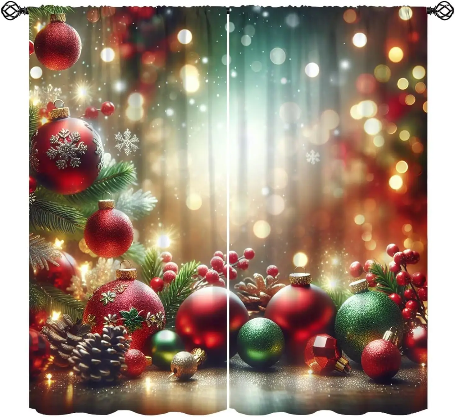 Merry Xmas Christmas Decor Ball Pine Tree Rod Pocket Curtains 2 Panel Drapes Suitable for Living Room Bedroom Decor