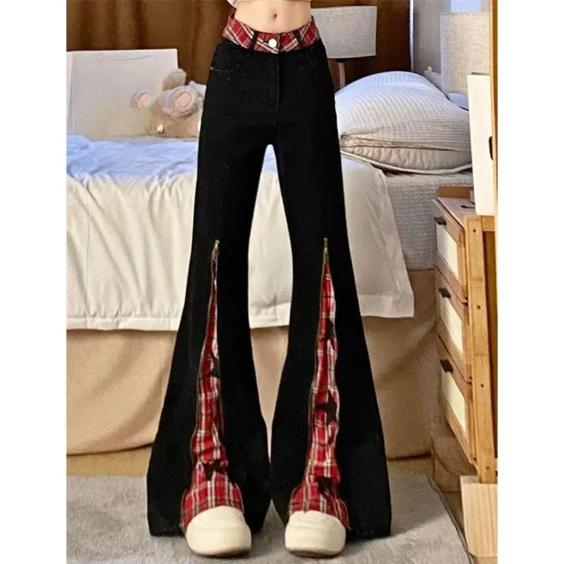 

Осенние женские джинсы с высокой талией и микророгами, женские лоскутные прямые джинсовые брюки в стиле ретро, 2021, женские ковбойские брюки большого размера 4XL