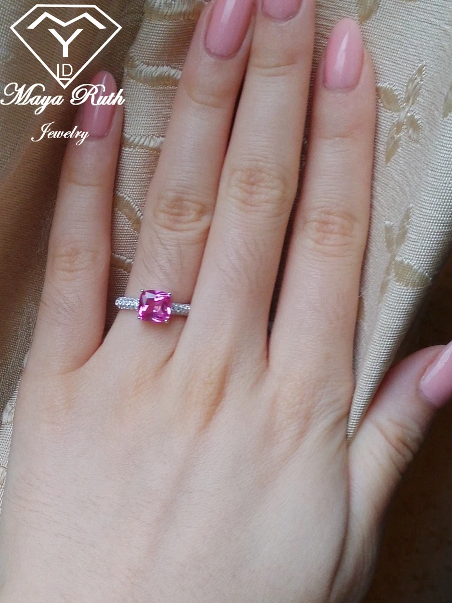 Lab Created Pink Sapphire Square Halo Ring Real 925 Sterling Silver Cushion Cut Design Party Vintage For Women Retro Unique Gift