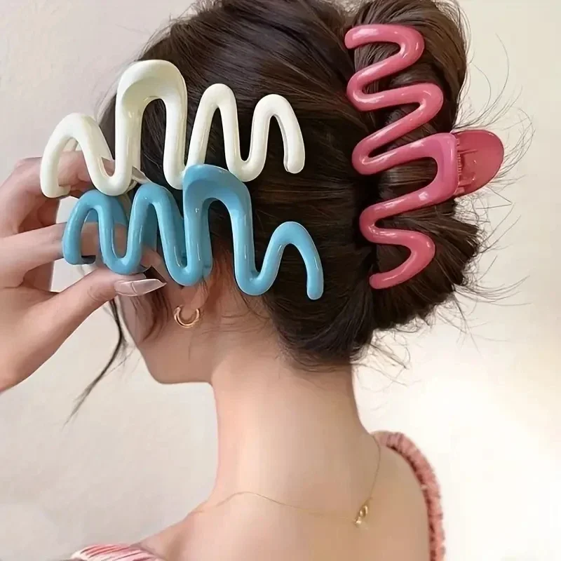 Clipes de Garra Onda Colorida para Mulheres, Clipe de Cabelo Tubarão Plástico Coreano, Geometria Cauda de Cavalo Alto, Grampo para Menina, Acessórios para Cabelo