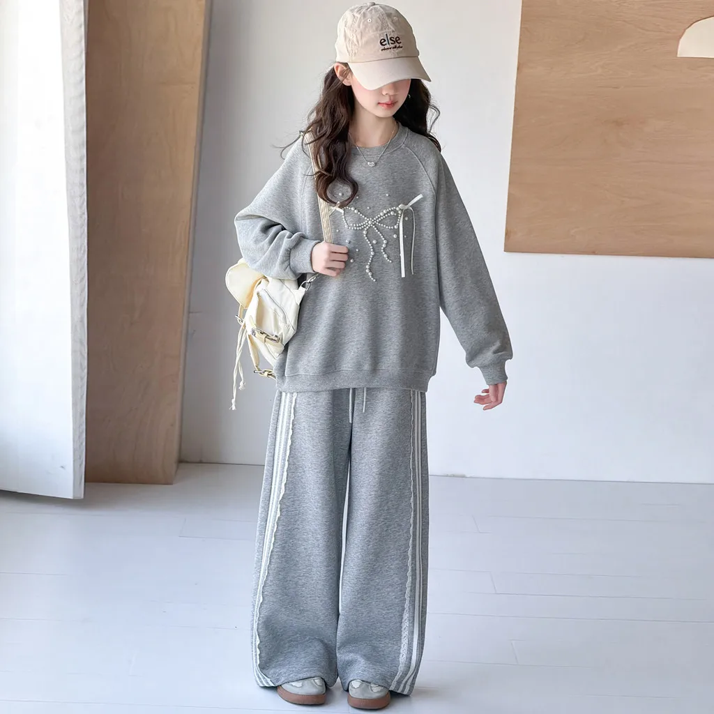 Girls Pearl Bow Sweatshirt and Lace Trim Wide Leg Pants 2 Piece Set Autumn Children Clothes Suit