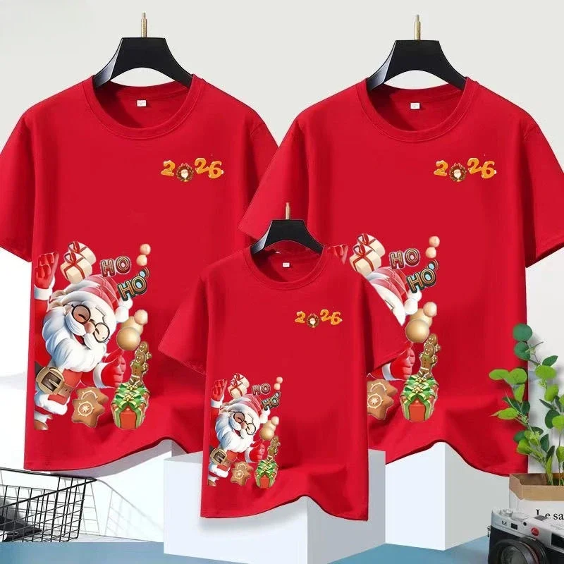 

Christmas-themed Short-sleeve T-shirt in Red, Suitable for New Year, Christmas, with Reindeer, Cute, Family Matching Set