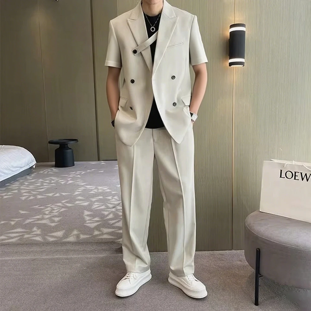 

Fashion Short Sleeve Men's Suits Elegant Double Breasted Peak Lapel Slim Fit 2 Piece Jacket Pants Sets Summer Blazer Terno