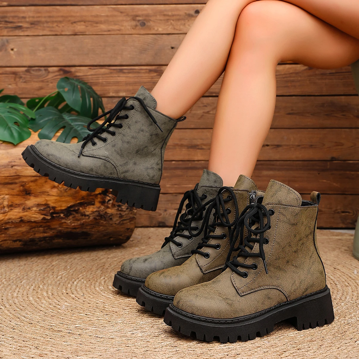 Ladies Lace Up Ankle Boots, Distressed Faux Suede Thick Platform Sole Side Zip Short Boots