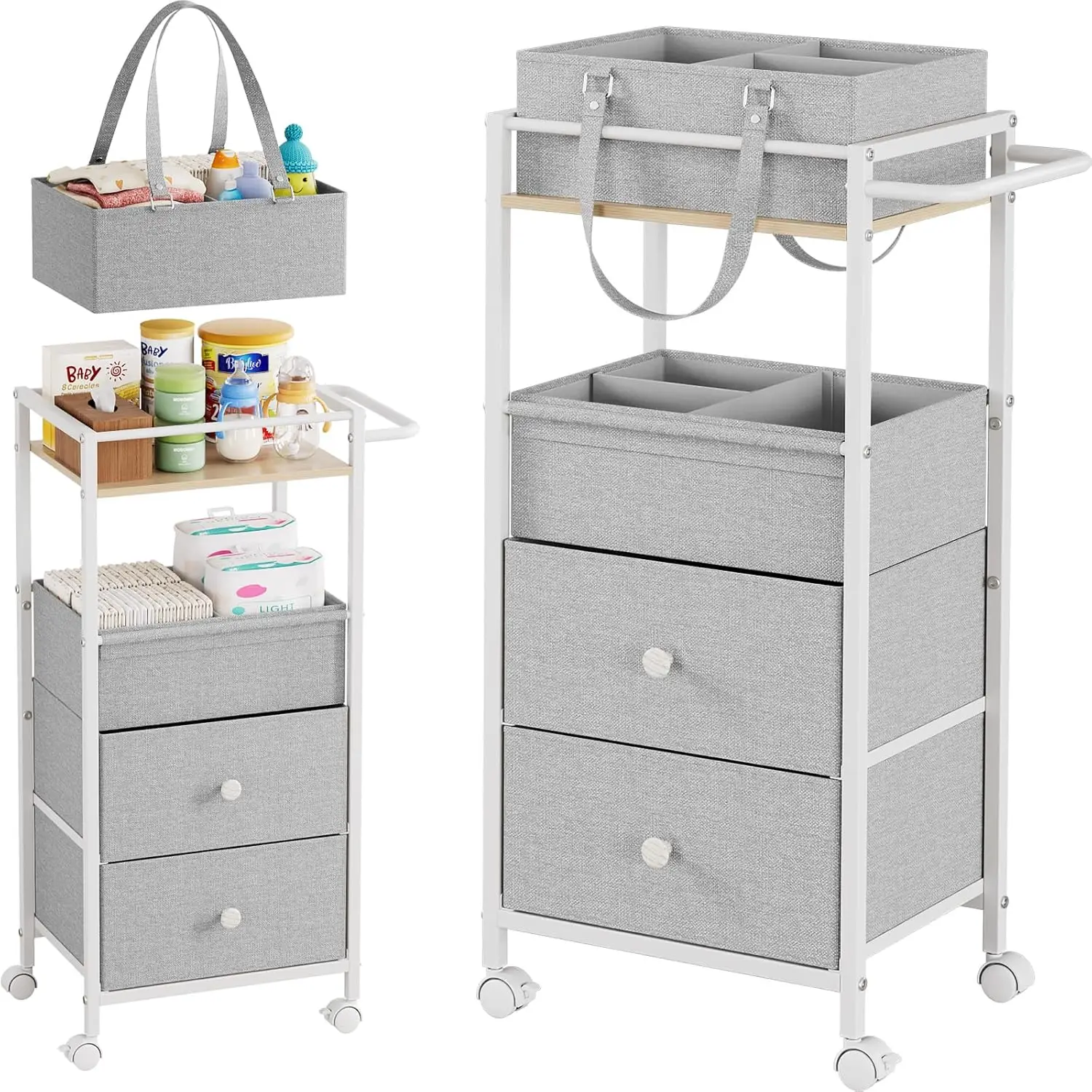 

3-in-1 Rolling Diaper Caddy Organizer with Drawers and Wheels, Removable for Crib, Bedroom, Art & Craft Storage in Light Gray