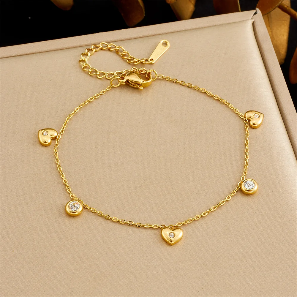 Waterproof Minimalist Heart Crystal Charm Bracelet Ladies Titanium Steel Thin Link Chain Adjustable Stackable Wrist Accessories