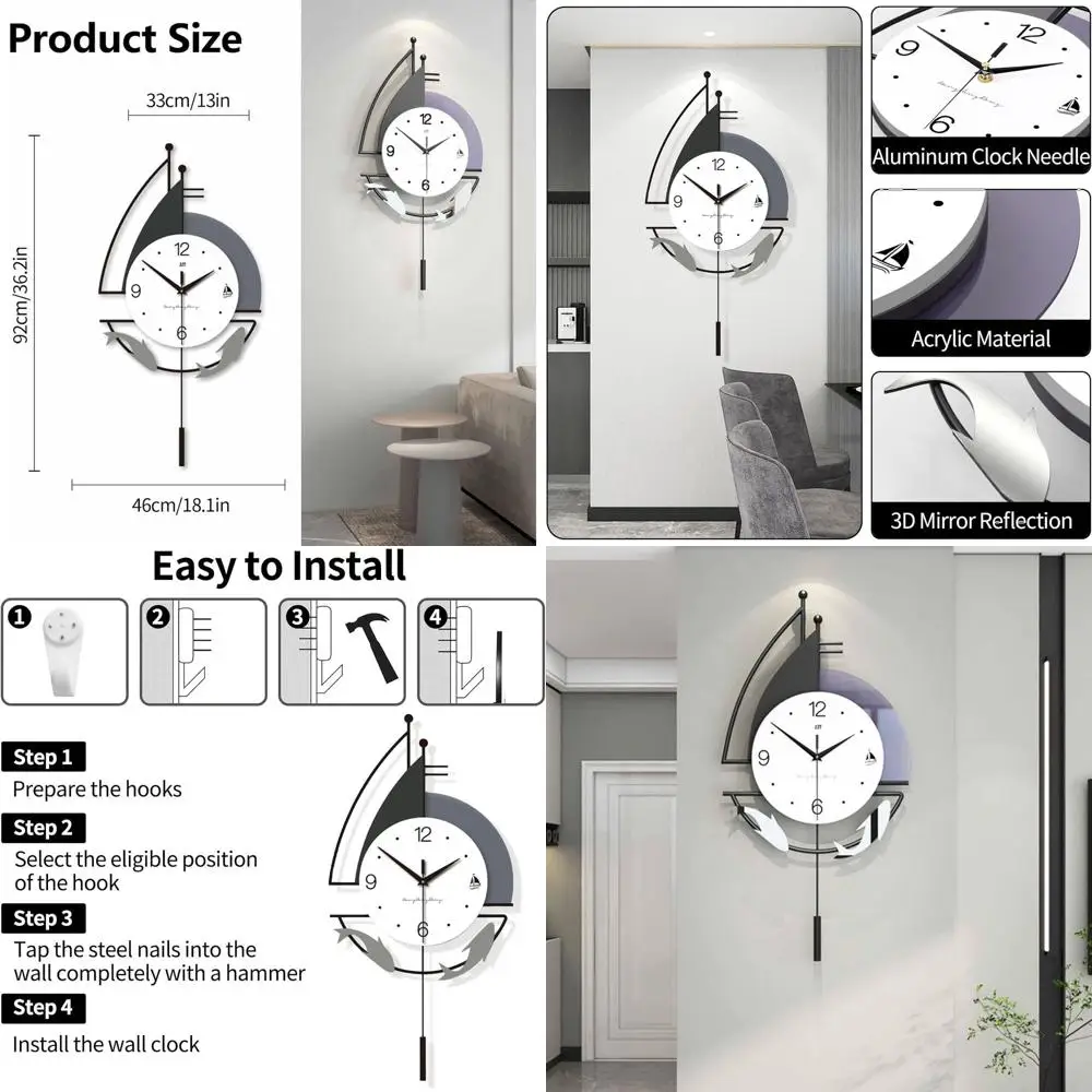 

Sleek Silent Wall Clock with Pendulum - Modern, Battery-Powered, Large for Home Decor (Black White, 36.2x18.1)