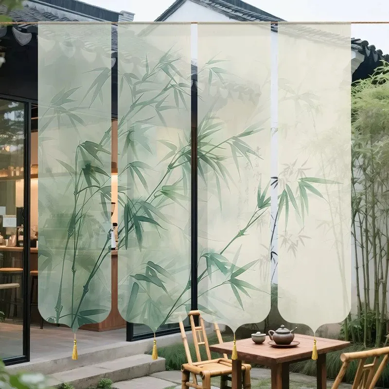 Zen Bamboo Print Sheer Room Divider Curtain – Hanging Gauze Panel for Tea Room Meditation Yoga Studio Japandi Decor Wabi Sabi