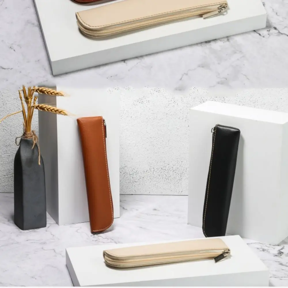 Pen Sleeve Case PU Leather Leather Pen Bag Zipper Half Open Pen Protective Bag Soft Vintage Pen Storage Pouch Stationery