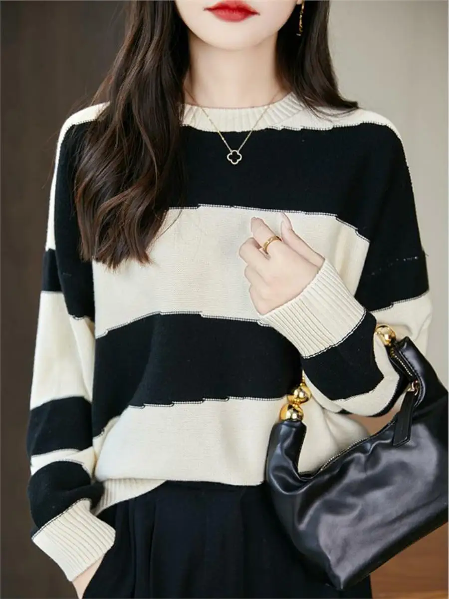 

Laid-ba Sle Pure Cotton Knitted Sweater Women's Loose Base Layer irt Autumn Winter Striped Design Comfortable Warmth