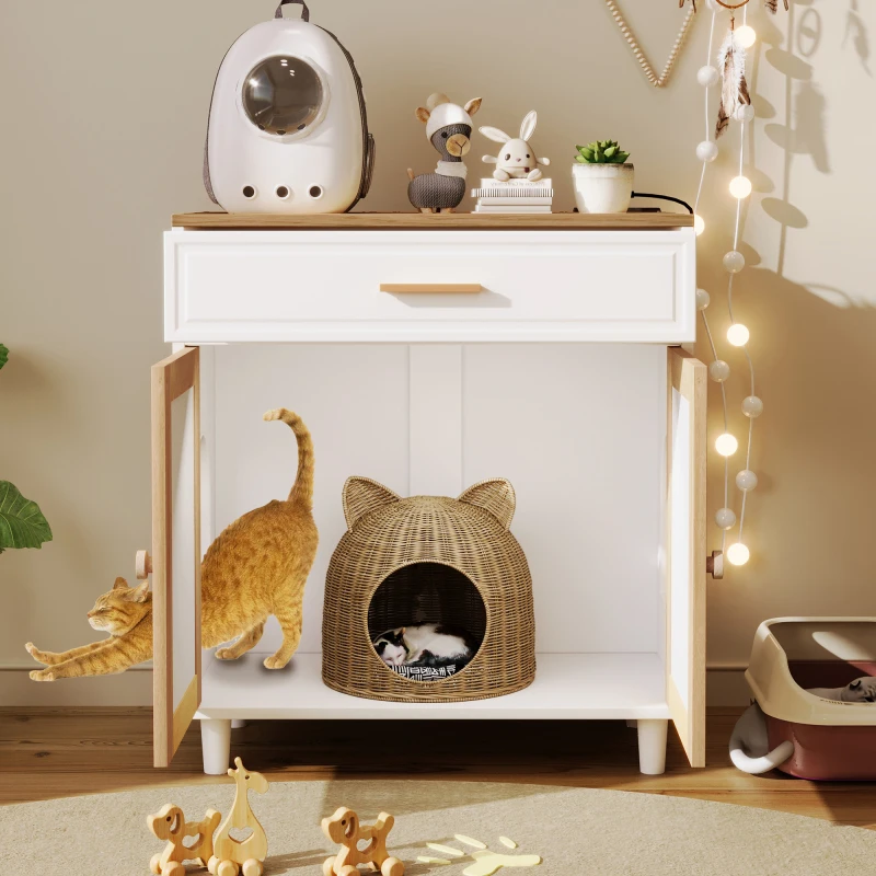 

Furniture Style Litter Box House With Sisal Scratching Door Charging Socket Cat Friendly Furniture